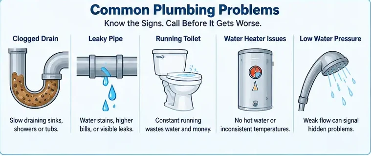 Diagram of common plumbing problems: clogged drain, leaky pipe, running toilet, water heater issues and low water pressure