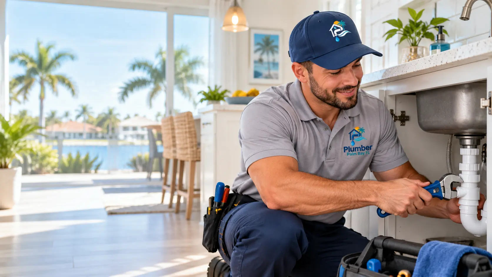 Plumber in a Plumber Palm Bay FL uniform repairing a kitchen sink drain in a bright Florida home