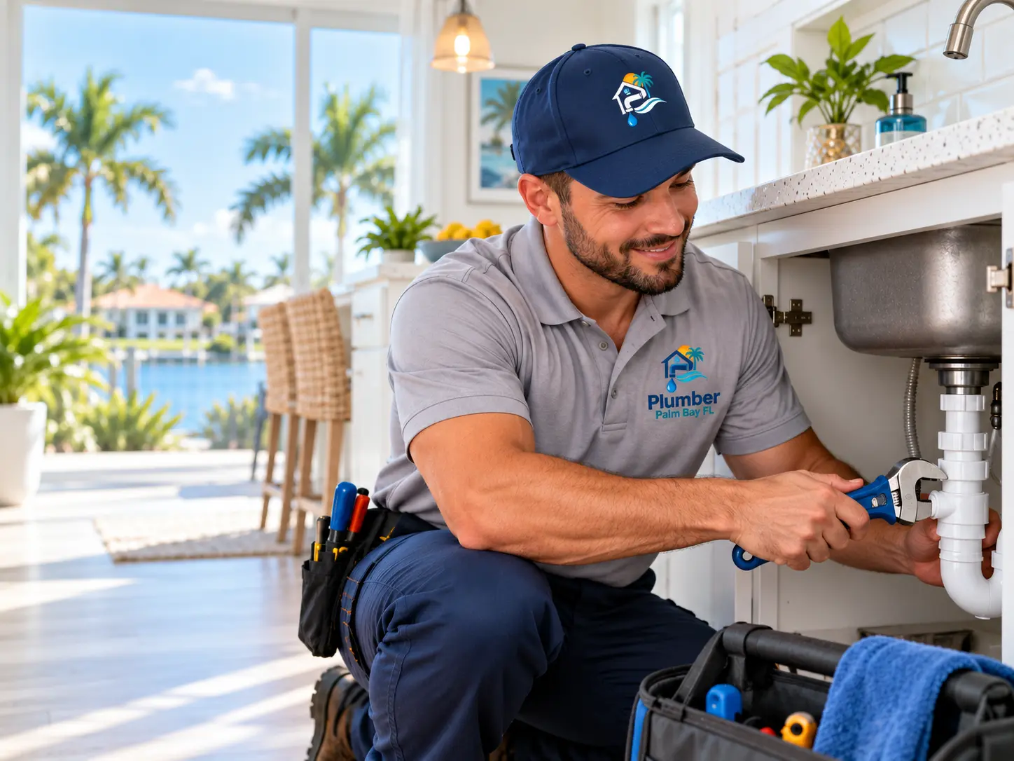 Plumber using a wrench on a sink drain connection in a bright Palm Bay kitchen