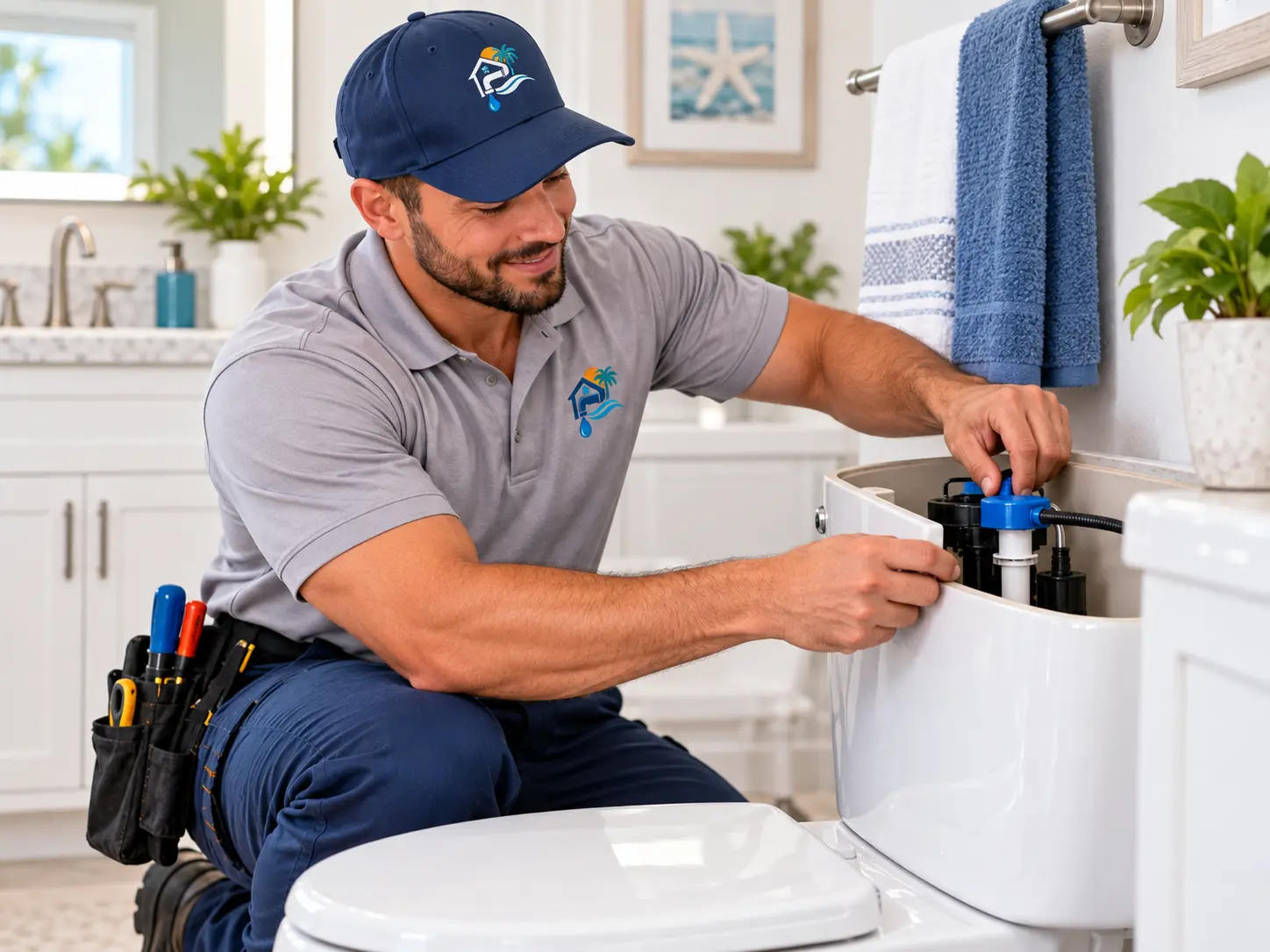 Plumber replacing fill valve components inside a toilet tank