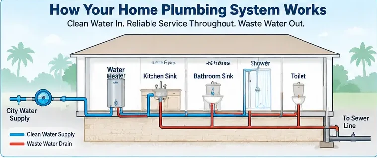Diagram showing how a home plumbing system works, with clean water supply lines to the water heater, kitchen sink, bathroom sink, shower and toilet, and waste drain lines running to the sewer line