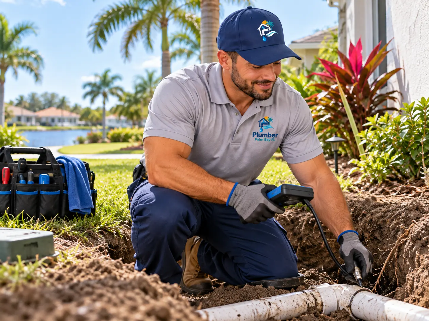 Plumber inspecting an exposed exterior pipe in a trench beside a home